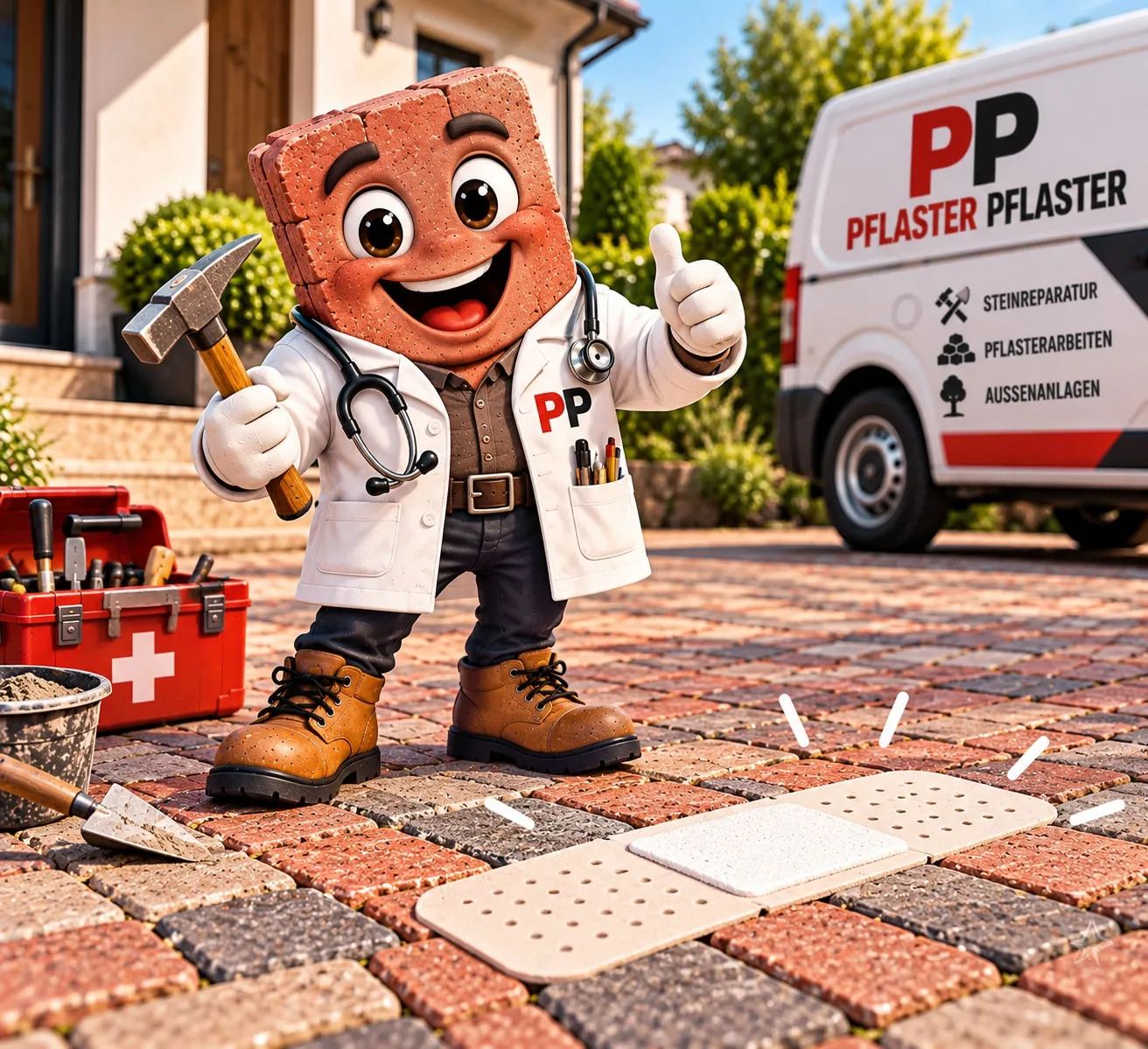Doktor Pflaster, das Maskottchen von Pflaster Pflaster, zeigt den Daumen hoch neben einer frisch reparierten Pflasterfläche
