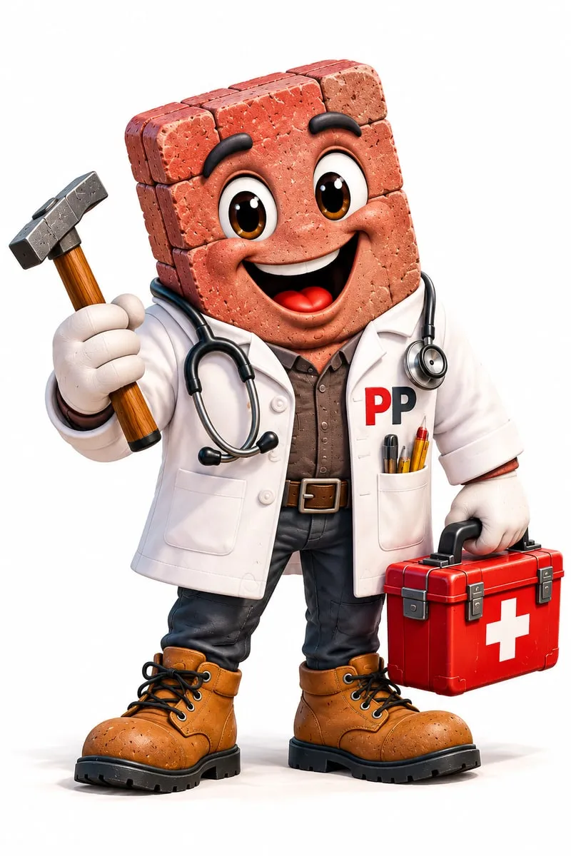 Doktor Pflaster, ein Pflasterstein im Arztkittel, mit Hammer und Erste-Hilfe-Koffer